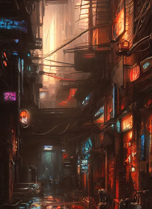 Image similar to airbrushed painting of a cyberpunk alleyway, stunning, featured on artstation, cinematic lighting, hyperdetailed, cgsociety, 8k, dramatic, dark atmosphere, alluring