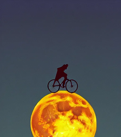 Image similar to superman riding a bike across the full moon as silhouette, from the movie e. t. the extra terrestrial, with dark trees in foreground, cinematic frame by steven spielberg, hd