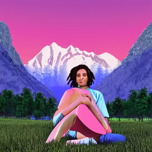 Image similar to digital drawing of a female software developer sitting outside in front of a modern campus building with beautiful mountains in the background, vapor wave, summer, alps, 4k, unreal, digital health, cartoon, unreal engine