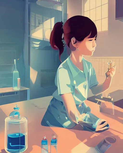 Prompt: a little girl is doing a science experiment. clean cel shaded vector art. minimalist illustration art by lois van baarle, artgerm, helen huang by makoto shinkai and ilya kuvshinov, rossdraws