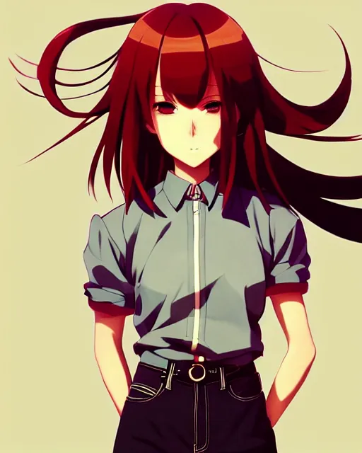 Prompt: beautiful anime woman, wearing full clothing red shirt brown pants, clockpunk, black and red hair hair, symmetrical face, symmetrical eyes, full round face, short smile, detailed, summer setting, cinematic lighting, makoto shinkai, artgerm, yoji shinkawa, ilya kuvshinov, loish