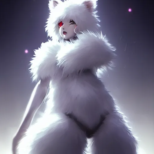 Image similar to cute furry girl with four arms, big fluffy ears, white fur and dark skin, dramatic lighting, cinematic, artstation, anime style