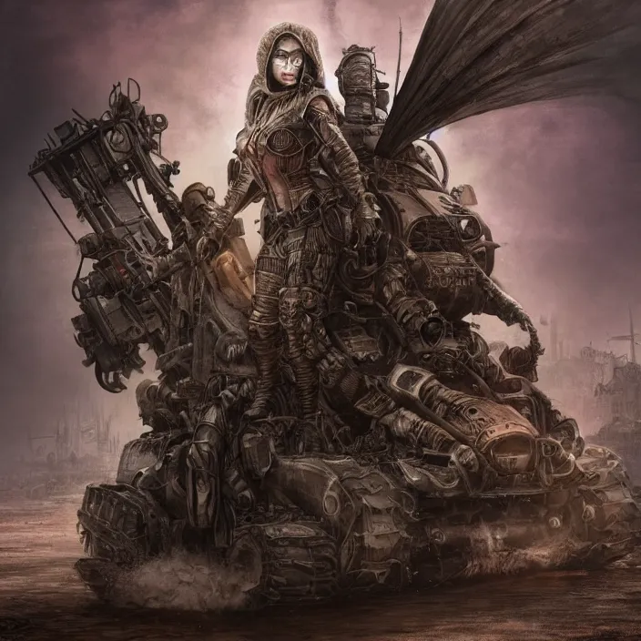 Image similar to beautiful apocalyptic woman in hooded cloak, standing on mad max panzer tank, hyper-detailed, smooth, sharp focus, 4k ultra hd, fantasy dark art, tank girl, artgerm, artstation, octane render, elegant, detailed digital painting, apocalyptic art, Francis bacon, gears of war, unreal engine