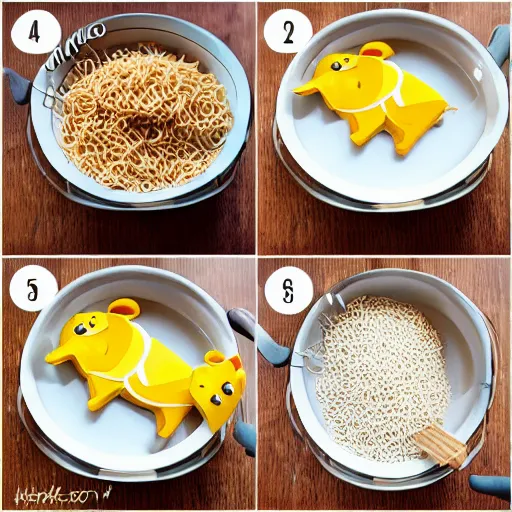 Image similar to making of an edible giraffe from noodles and rice in 4 steps, from the beautiful'how to make food art step by step collection ', dslr