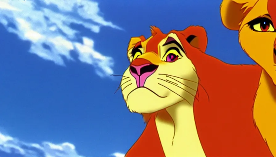 Image similar to simba from the lion king in a long shot still from the anime neon genesis evangelion, 4 k, neon genesis evangelion official media, high quality, hideaki anno anime