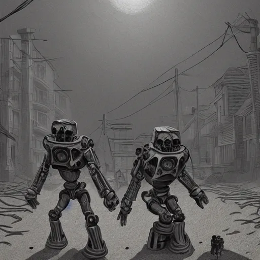 Image similar to two robots in power armor fleeing in a sand covered street, horrible smoke monster made of bones, post apocalypse, ruined subdivision houses, Sci Fi, intricate, elegant, highly detailed, digital painting, artstation, concept art, matte, sharp focus, illustration, art by M. C. Escher