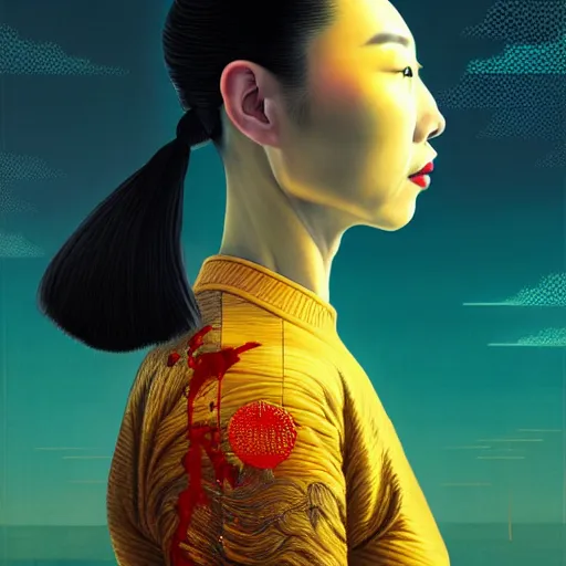 Image similar to portrait of a chinese woman :: side profile :: blood :: background sea :: intricate details in gold :: oxygen implant :: 8k :: simon stalenhag and Sandra Chevrier