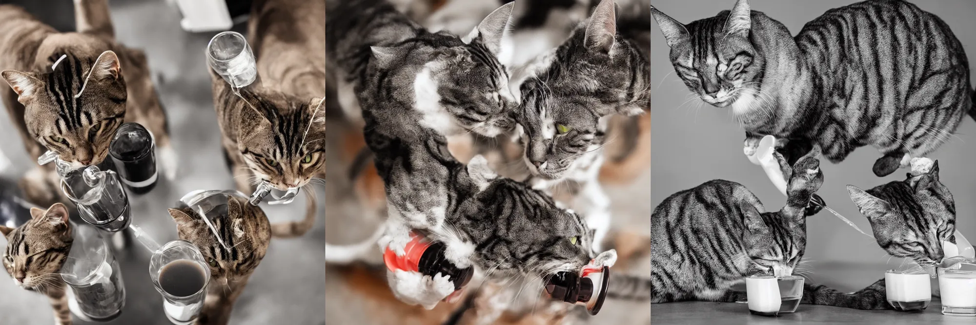 Prompt: a muscular cat drinking a protein shake. Photograph.