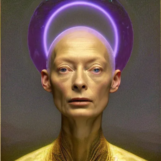 Prompt: Woman masterpiece, Tilda Swinton, bald, multiple purple halos, yellow, golden halo behind her head, wires everywhere, by Edgar Maxence and Ross Tran, Zdzisław Beksiński, and Michael Whelan, distant, gustav dore, H.R. Giger, 8k, octane render