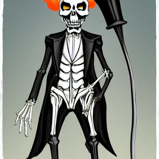 Prompt: DND character, skeleton, Tall skeletal figure, wearing a deep black suit and tie and top hat. golden cane in his right. Light blue flames envelop his whole body