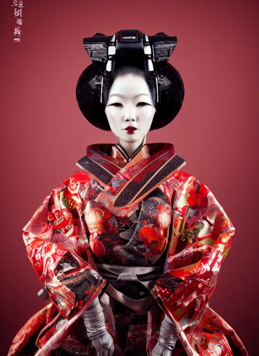 Image similar to portrait of a stylish futuristic geisha cyborg, with a red kimono with japanese golden signs written on it, kintsugi, modern fine art, fractal, intricate, elegant, highly detailed, digital photography, subsurface scattering, in the style of ghost, by jheronimus bosch and yue minjun and greg rutkowski,