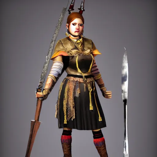 Image similar to full body photo of a maid warrior with weapons