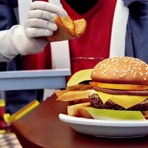 Prompt: McDonalds Hamburgers pyramid peace offering to space aliens, Pulitzer prize winning photograph