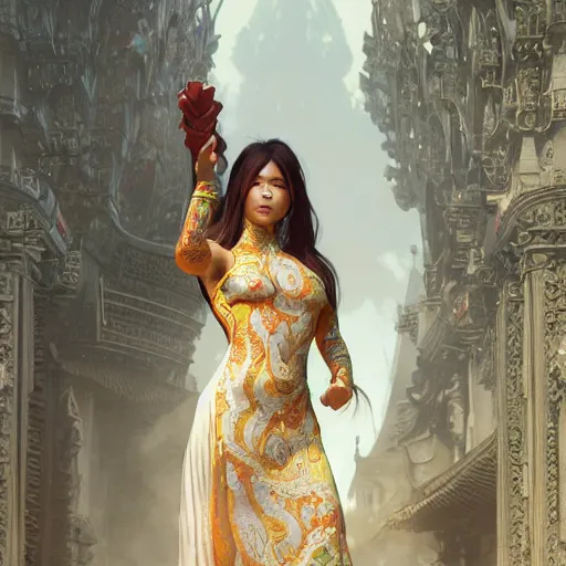 Prompt: muscular woman wearing ao dai, ultra realistic, concept art, intricate details, highly detailed, photorealistic, octane render, 8 k, unreal engine. art by artgerm and greg rutkowski and alphonse mucha