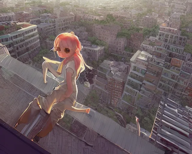 Image similar to teen standing on the roof of a building, sunset, bird eye view, fisheye view, illustration, by pine ( ハイネ ) and 薯 子 imoko and 香 川 悠 作 and wlop and maya takamura, highly detailed, trending artstation, pixiv, digital art