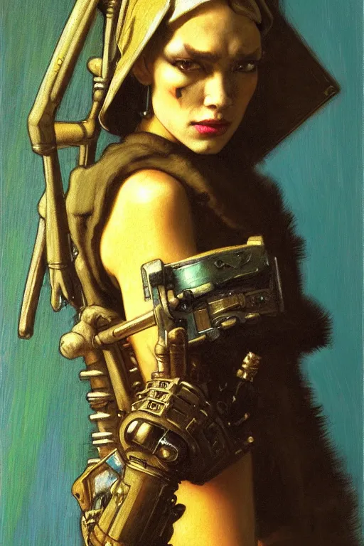 Prompt: full character portrait max mad cyberpunk warhammer 4 0 k, tech priest not the girl with the pearl earring character design, painting by gaston bussiere, katsuya terada, wyeth, ( ( ( ( ( vermeer ) ) ) ) ), frank frazetta, mucha, tom of finland, trending on artstation