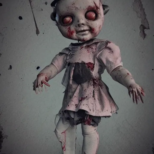 Image similar to this creepy doll has killed before and will kill again, horror, artstation, grainy, vhs, slightly out of focus, Dutch angle, gory