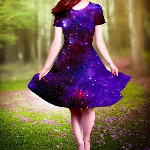 Image similar to an hd photo of a young woman with short brown hair and green eyes, purple dress, beautiful trees in the background, night sky with stars and galaxies, trending on artstation