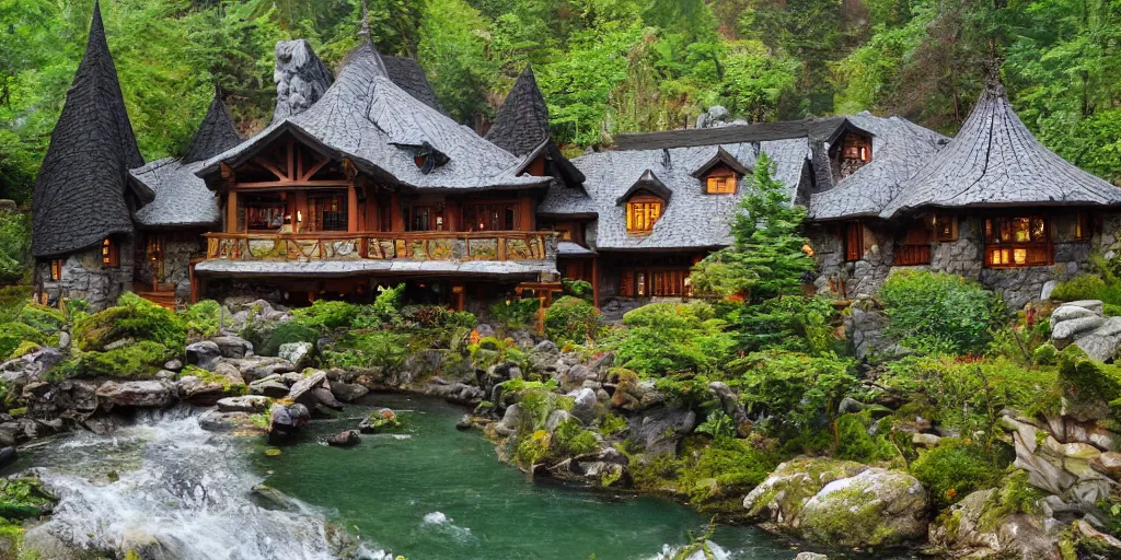 Image similar to residence in the style of rivendell, cascadian