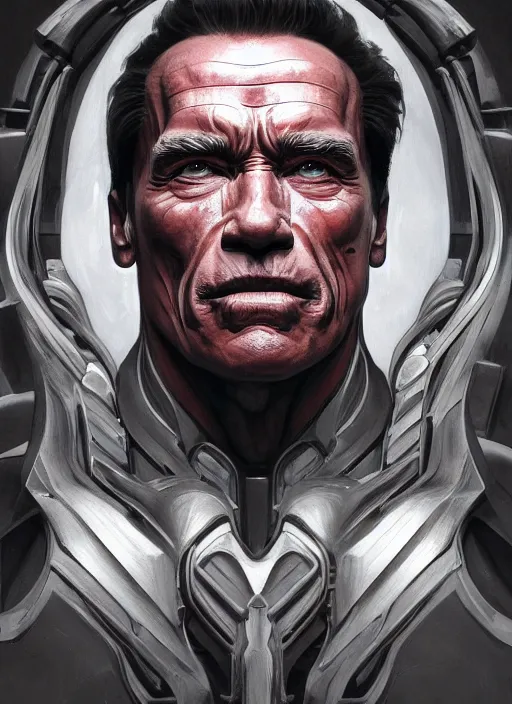 Prompt: symmetry!! arnold schwarzenegger, machine parts embedded into face, intricate, elegant, highly detailed, digital painting, artstation, concept art, smooth, sharp focus, illustration, art by artgerm and greg rutkowski and alphonse mucha, 8 k