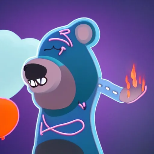 Image similar to cartoon animated bear wearing clothes being launched out of a futuristic machine into a purple and orange cloud land