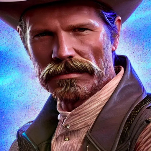 Prompt: Photorealistic Wyatt Earp as a space cowboy. Hyperdetailed photorealism, 108 megapixels, amazing depth, glowing rich colors, powerful imagery, psychedelic Overtones, 3D finalrender, 3d shading, cinematic lighting, artstation concept art