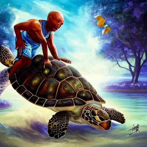Image similar to kobe byrant riding on a turtle in heaven, amazing digital art, amazing detail, fantasy art, artstatiom, cgsociety, epic art