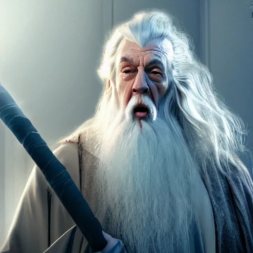 Image similar to gandalf attacks the white house, high detail shot, smoking, render, cgsociety, photorealism