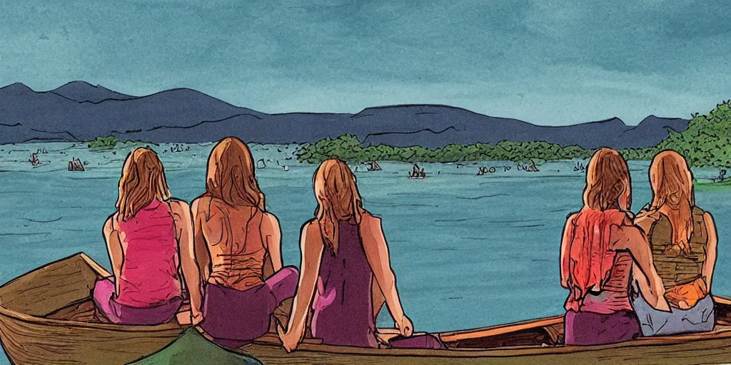 Prompt: “ girls sitting in canoe on the hudson river drinking beer, mountains in fog background, comic style, by paul pope ”