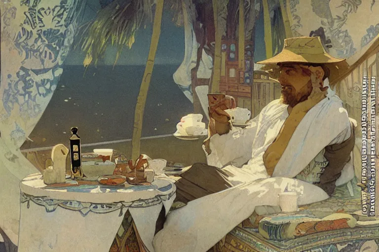 Image similar to a matte painting of a man sitting down and having a cup of tea in his house by the beach, by greg rutkowski, alphonse mucha, muted colors