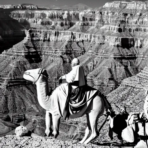 Image similar to A photo of the Pope riding a camel at the grand canyon 85mm lens, f1.8.