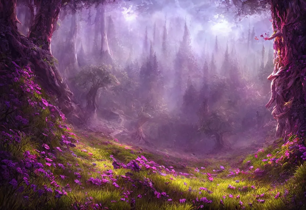 Image similar to an alien flowering meadow a forest behind it, epic fantasy, detailed, intricate, digital painting, concept art, realistic, smooth, focus, rim light