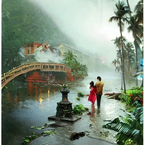 Image similar to tropical island, ornate, beautiful, atmosphere, vibe, mist, smoke, fire, chimney, rain, wet, pristine, puddles, melting, dripping, snow, creek, lush, ice, bridge, forest, roses, flowers, by stanley artgerm lau, greg rutkowski, thomas kindkade, alphonse mucha, loish, norman rockwell