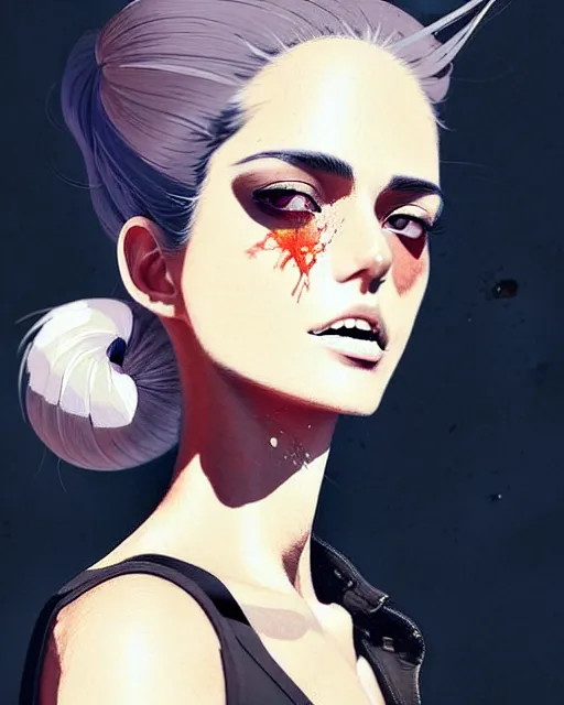 Image similar to a ultradetailed beautiful painting of a stylish woman, she is wearing a black tank top and jeans, she has white hair in a pony tail, by conrad roset, greg rutkowski and makoto shinkai trending on artstation