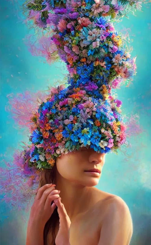 Image similar to a beautiful oil painting hyperrealism of a beautiful woman, flowers, floral headdress, 8 k resolution, octane render, trending on artstation, by gediminas pranckevicius, volumetric light 2 blue fractal thunder glow by dan mumford, anaglyph effect, laurie lipton