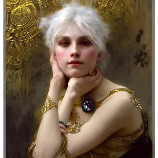 Prompt: a highly detailed beautiful white haired woman, adorned with precious stones and thin gold tendrils, by jeremy mann, by alphonse mucha, by william - adolphe bouguereau, 4 k resolution, trending on artstation, very very detailed, masterpiece, stunning, intricate,