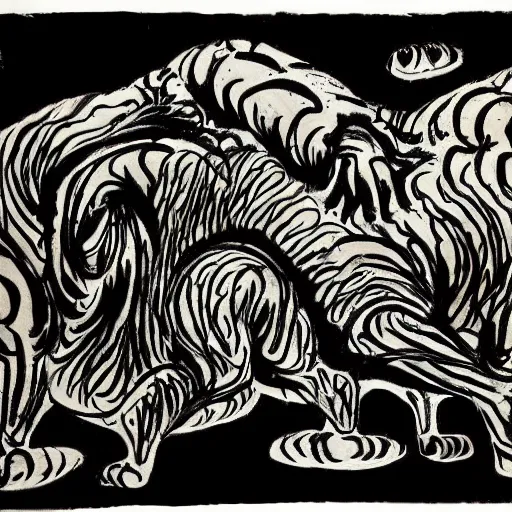 Image similar to emotional movement of muscle panthers, hell creatures, ink painting, in style of thawan duchanee, high quality,