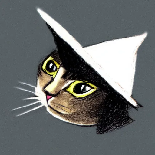 Prompt: drawing of a cat using witch hat. cartoon. cute. anime style.