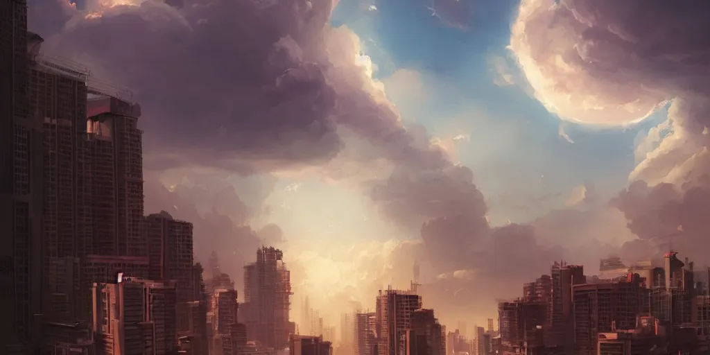 Image similar to Singapore city with a (lion-shaped cloud) in the sky, by greg rutkowski, red and white lighting, digital art, ultra realistic, ultra detailed, photorealistic, 4k, character concept