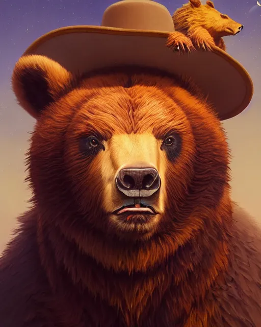 Image similar to highly detailed surreal vfx portrait of a cattlepunk bear, stephen bliss, unreal engine, greg rutkowski, loish, rhads, beeple, makoto shinkai and lois van baarle, ilya kuvshinov, rossdraws, tom bagshaw, alphonse mucha, global illumination, detailed and intricate environment