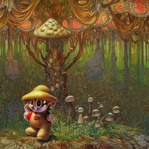 Image similar to Toad from Mario brothers running through a mushroom forest drawn by Donato Giancola and Jon Foster, frank frazetta, alphonse mucha, background by James Jean and gustav klimt, 4k, volumetric lighting, french nouveau, trending on artstation, octane render, hyperrealistic