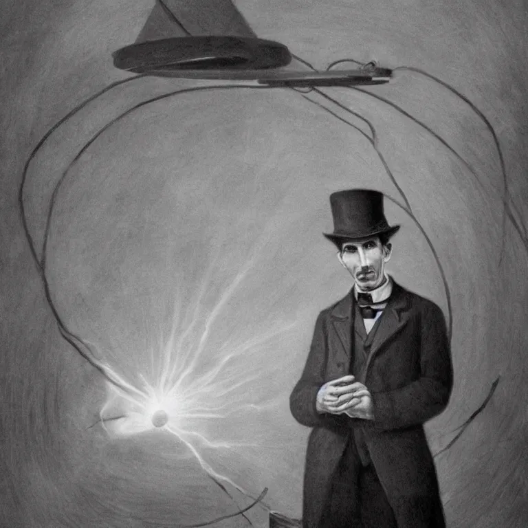 Image similar to Portrait of Nikola Tesla near the giant coil with lightings, photorealistic