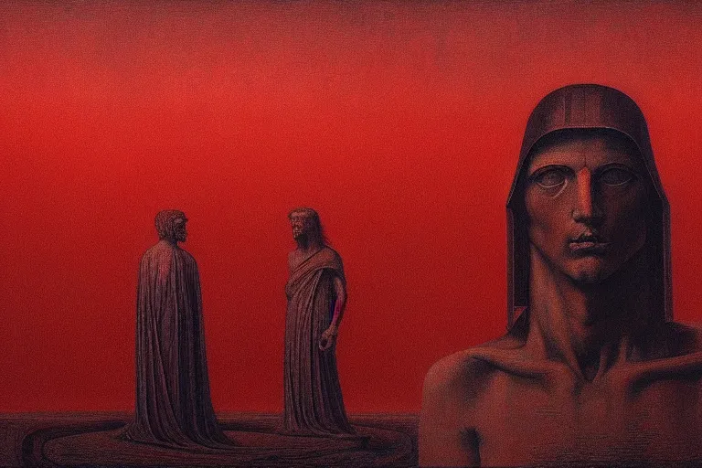 Image similar to only with red, caesar after win war, the deal, a red tiger, in hoc signo vinces, rome in background, an ancient path, in the style of beksinski, part by hopper, part by rodcenko, part by hofbauer, intricate composition, red by caravaggio, insanely quality, highly detailed, masterpiece, red light, artstation