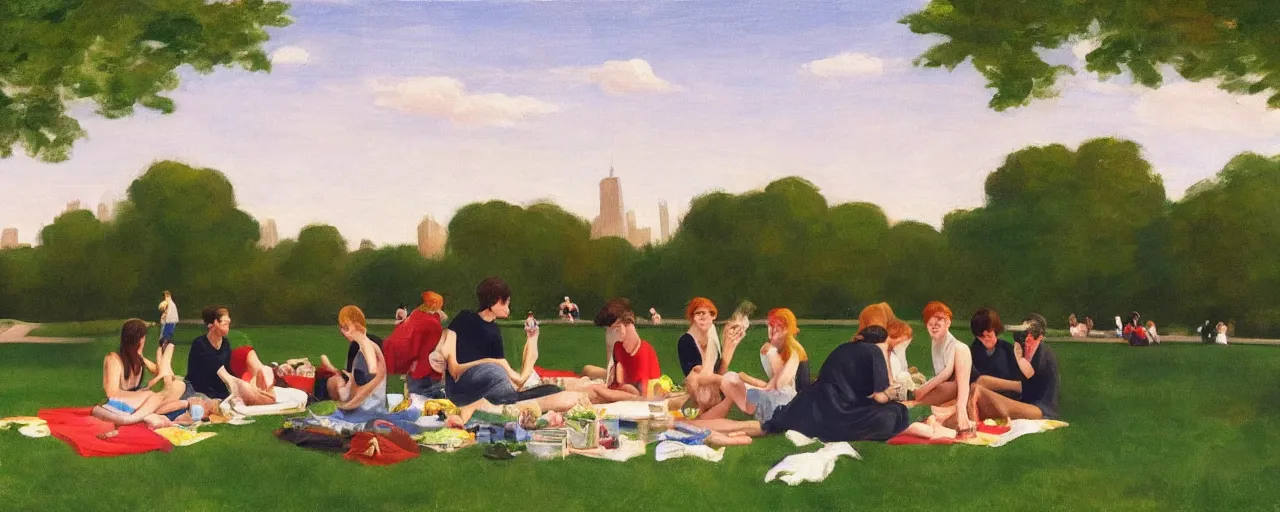 Image similar to a young generation z group of friends having a picnic in a central park manhattan new york on friday mid - summer of 2 0 2 2, in the style of an edward hopper painting