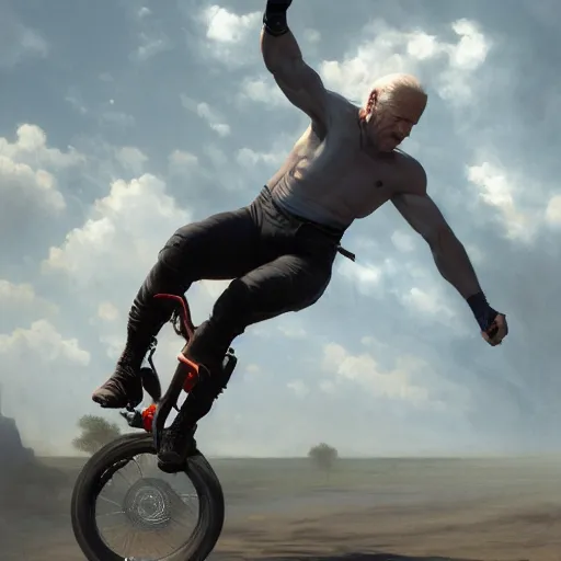 Image similar to Hyper realistic portrait of an action shot freeze frame of the notorious cyborg known as Joe Biden falling off a bike, Cinematic lighting, ultra super good realistic 3D render by Ruan Jia and Mandy Jurgens and Artgerm and william-adolphe bouguereau and Gerald Brom and James Jean, Trending on Artstation, 8k, post processing, sharp focus