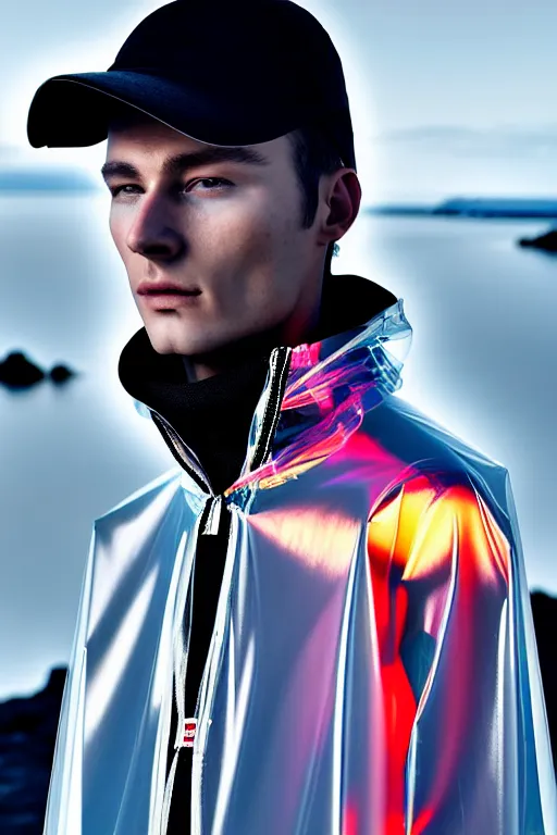 Image similar to an ultra high definition professional high fashion portrait studio full length photograph of a male model wearing a transparent pearlescent raincoat and neon visor in an icelandic black rock environment at dawn. no artefacts. extremely detailed. stark. refraction. shallow depth of field. volumetric light and shadow. ray tracing. light rays.