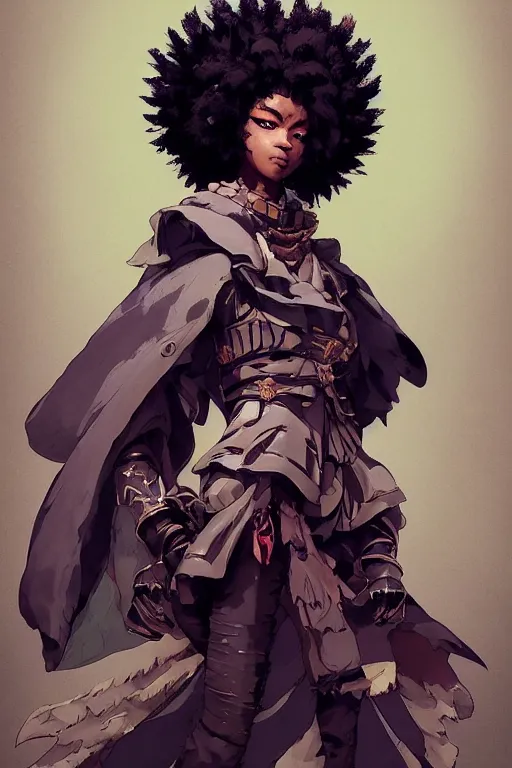 Prompt: hyper - realistic character portrait afro akirapunk, beautiful! older stately female, body armor, scarf, cloak, extreme detail, in style of pan ren wei, yoji shinkawa, ross tran, atey ghailan, greg rutkowski, greg tocchini, james gilleard, joe fenton, kaethe butcher, ruan jia, anime aesthetic