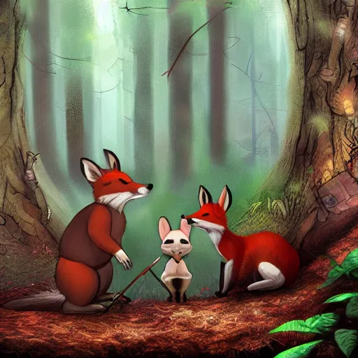 Image similar to 3 woodland critters, resistance, communist, bunny, mouse, fox, political meeting in the woods, antropomorphic, fantasy digital art, art station