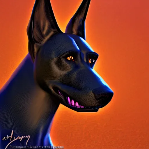 Prompt: portrait of anubis, black doberman face, angry look, ready for battle, masterpiece, mattepainting concept blizzard pixar maya engine on cold night stylized background splash comics global illumination lighting artstation by samwise didier