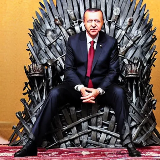 Prompt: photo of Recep Tayyip Erdoğan sitting on the iron throne, HD